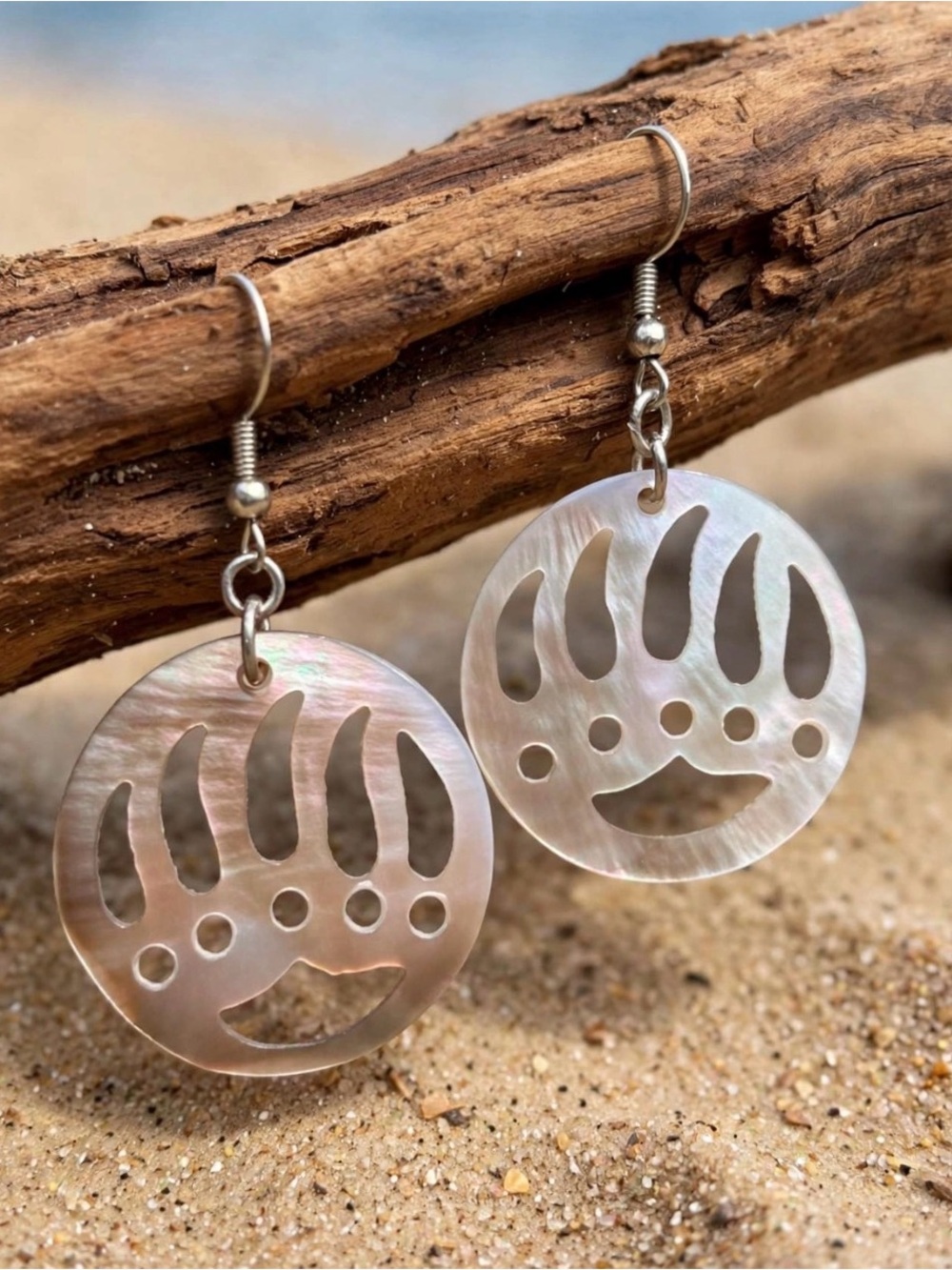 Handmade Mother of Pearl Bear Paw Drop Earrings - Iridescent Shell
